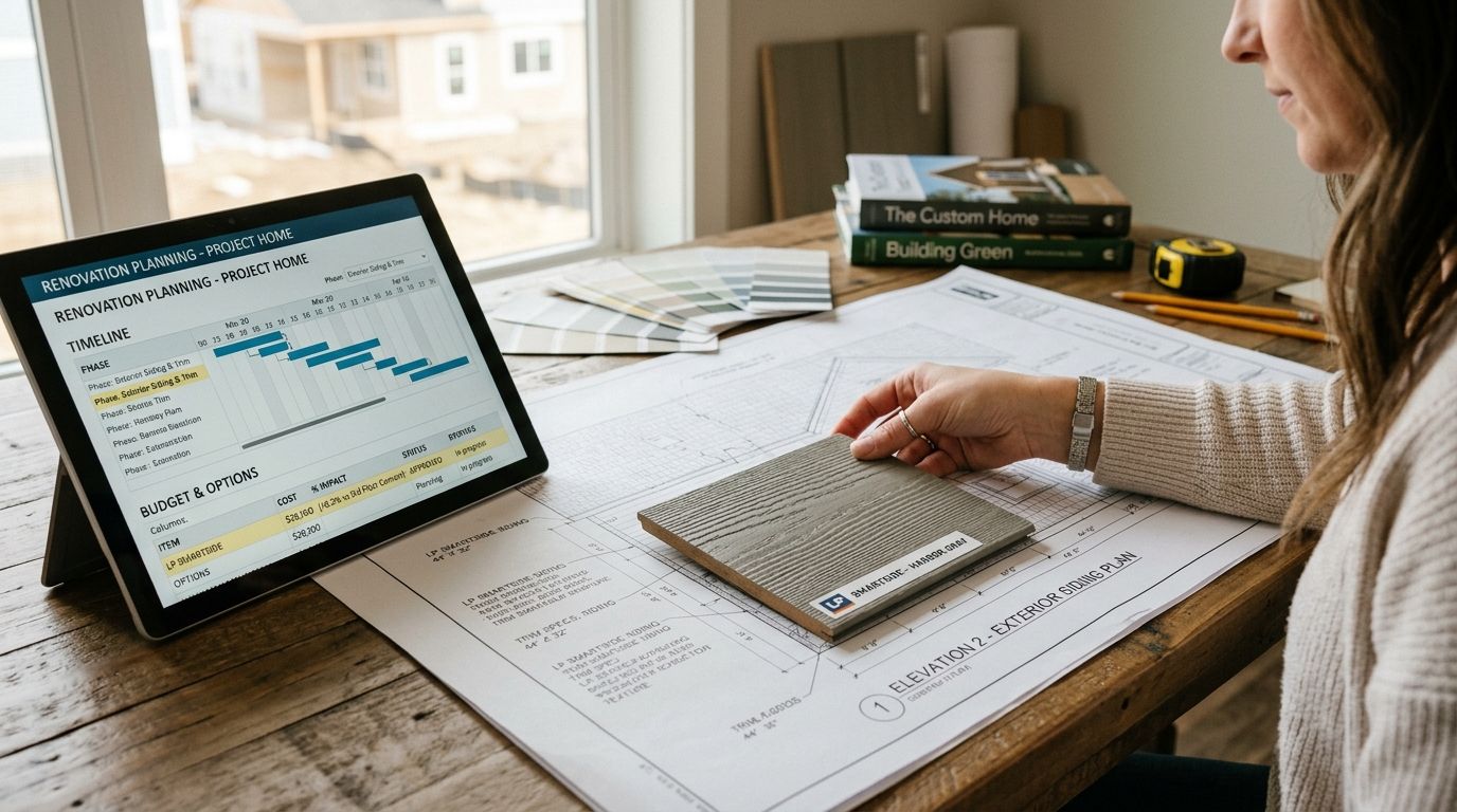 A woman reviewing renovation plans and siding samples at a desk with a laptop and blueprints.