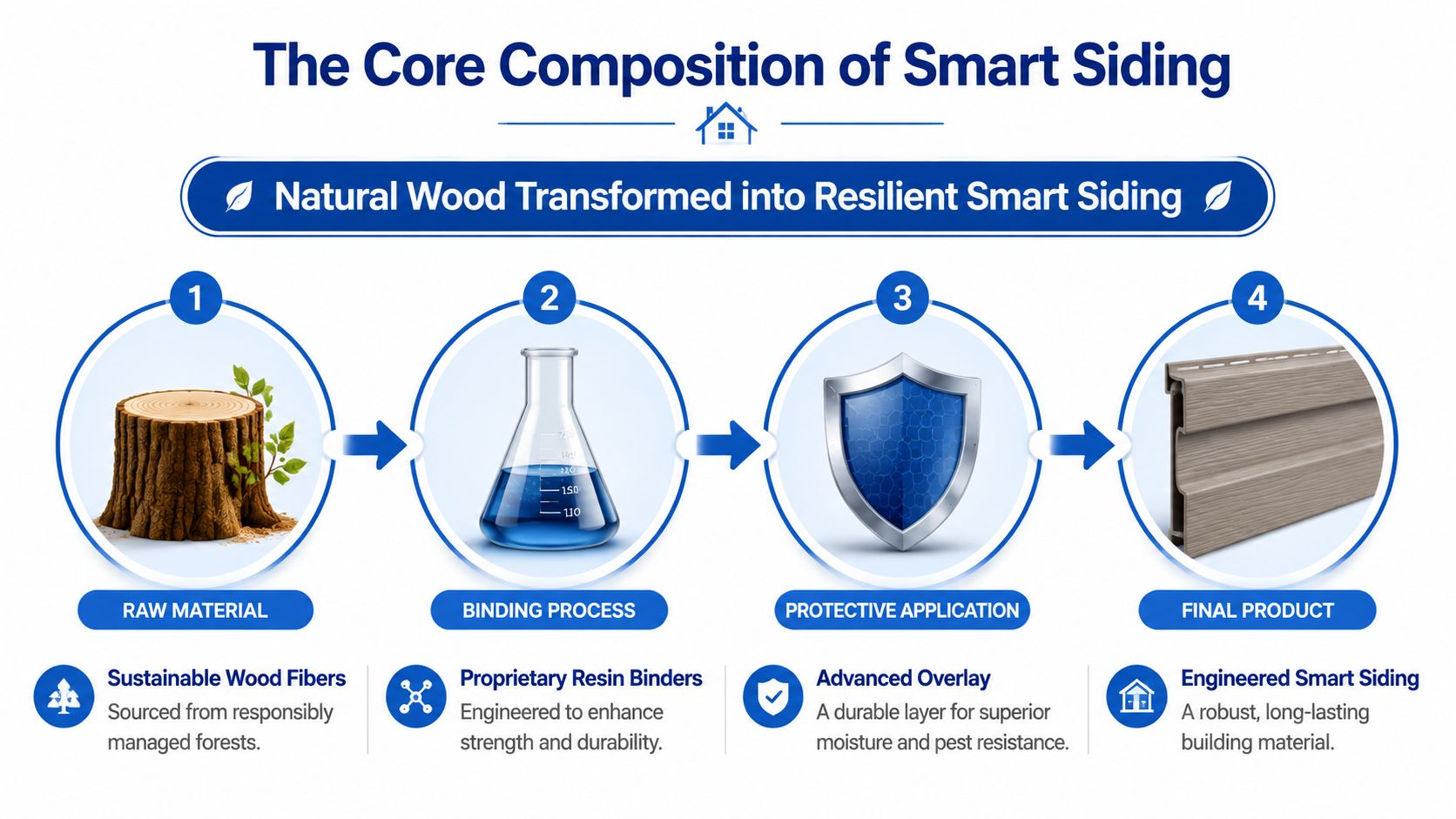 An infographic showing the four-step manufacturing process of engineered smart siding from natural wood fibers.